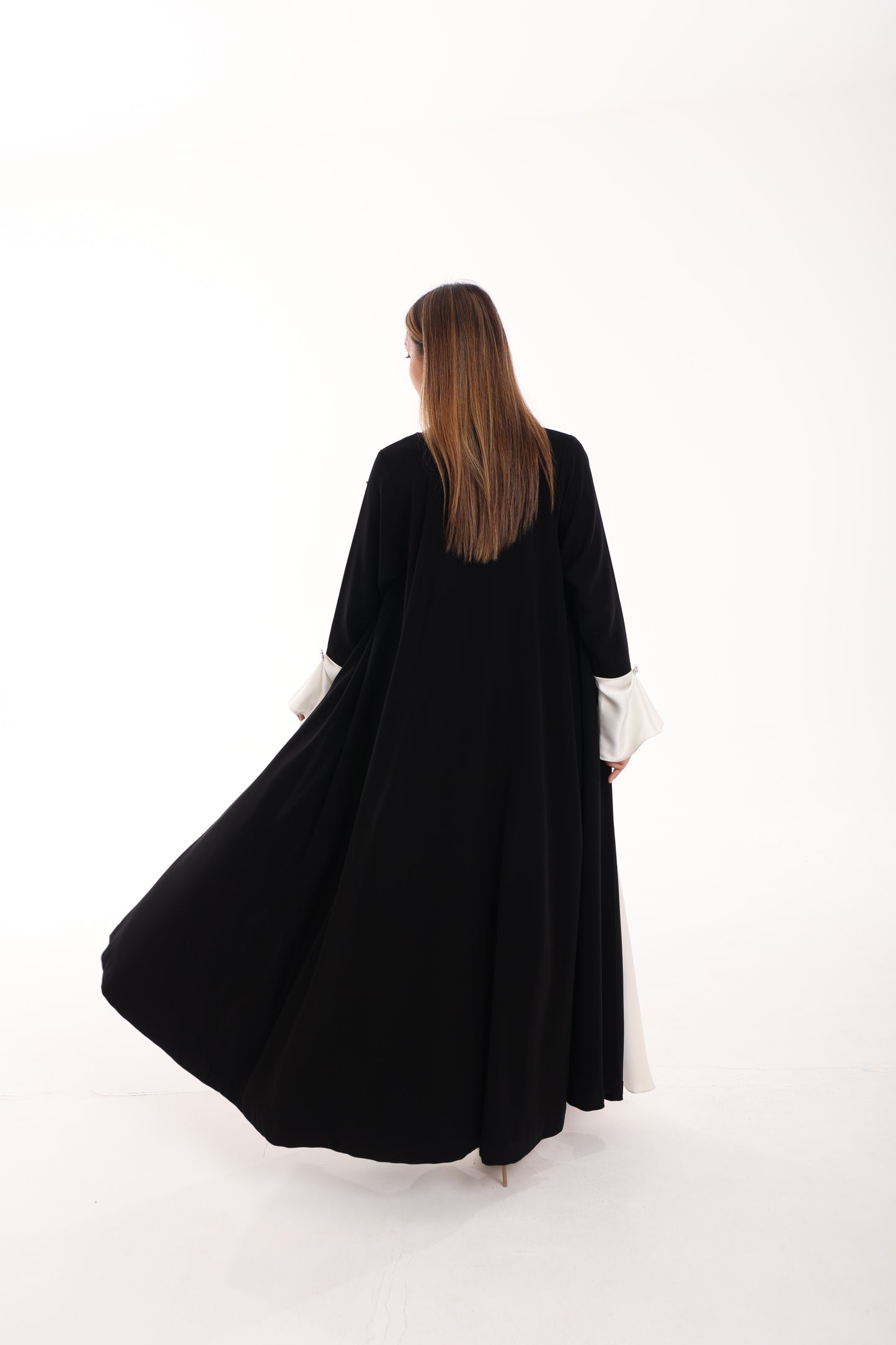 Classic Black Crepe Abaya with White Satin Cuffs
