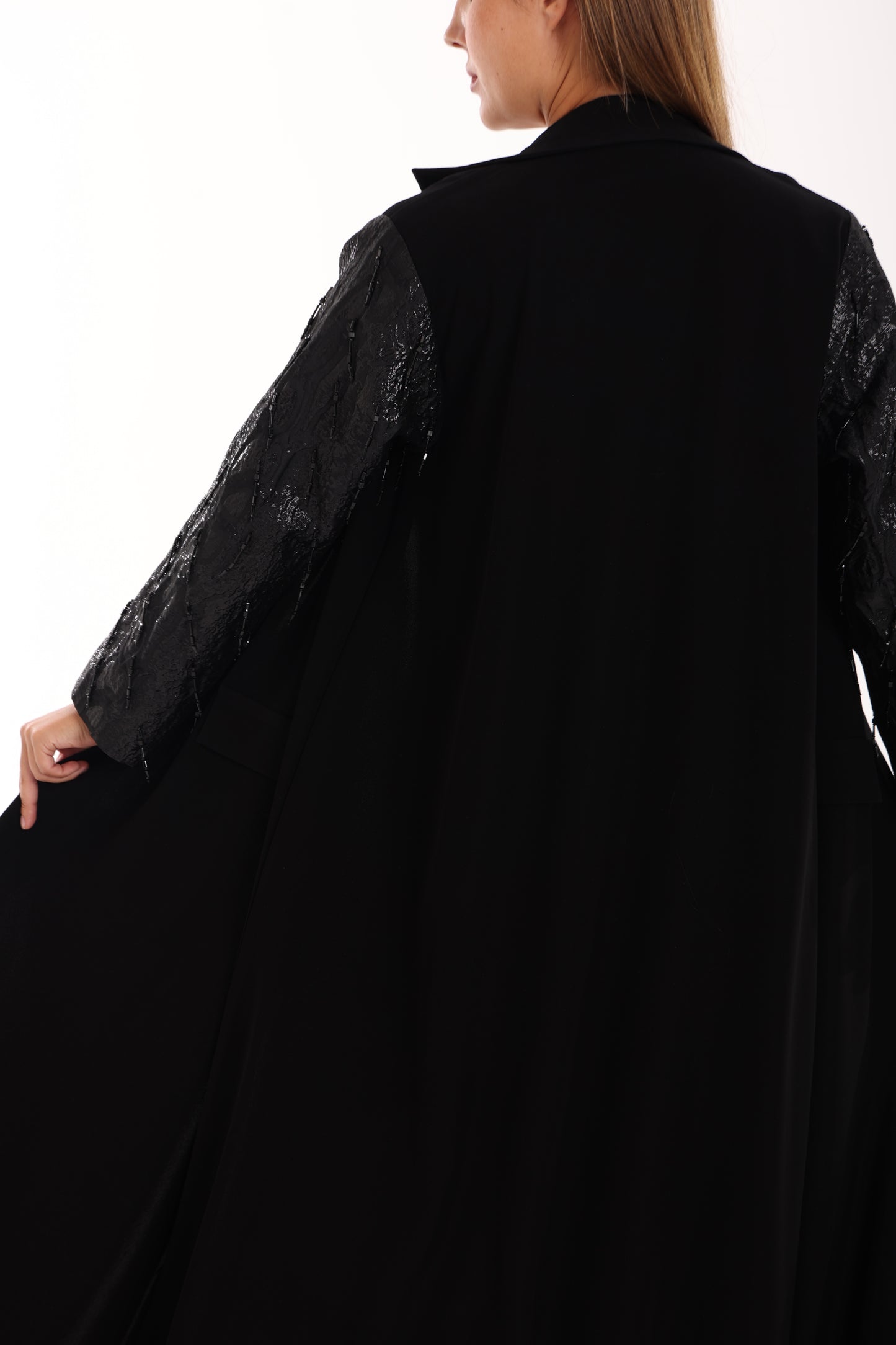 Black Crepe Abaya with Hand-Embroidered Brocade Sleeves