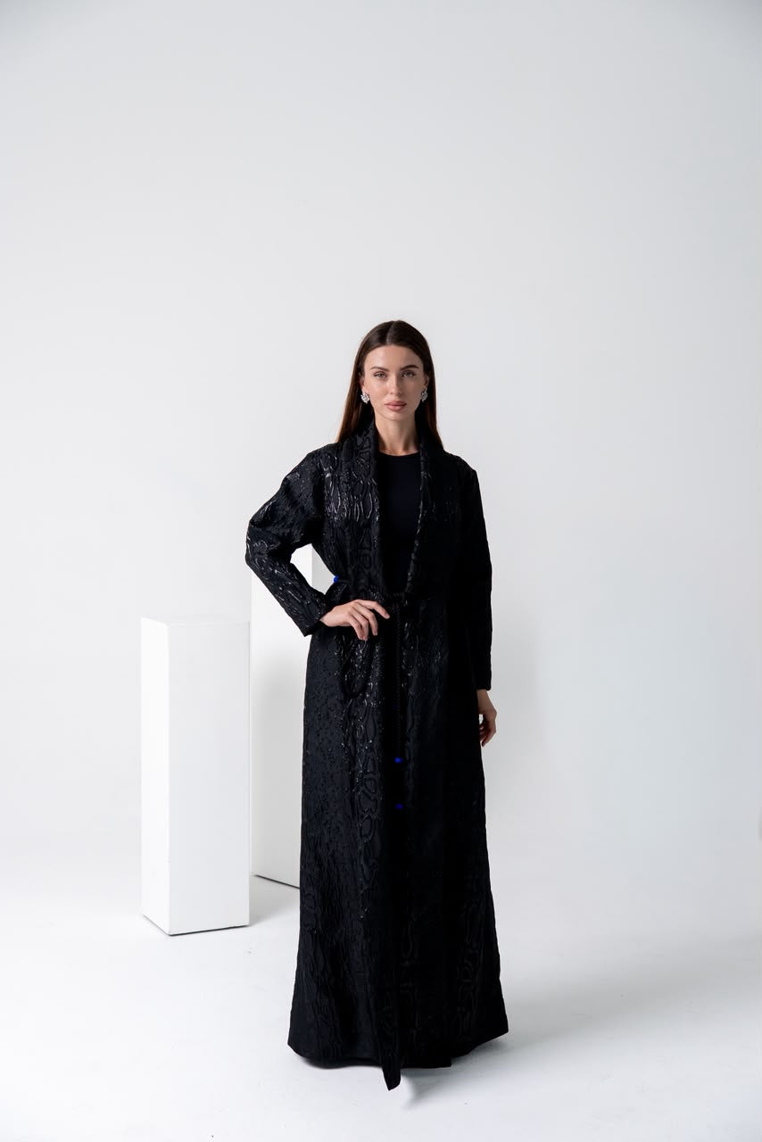 Black Brocade Abaya with Handcrafted Moroccan Belt