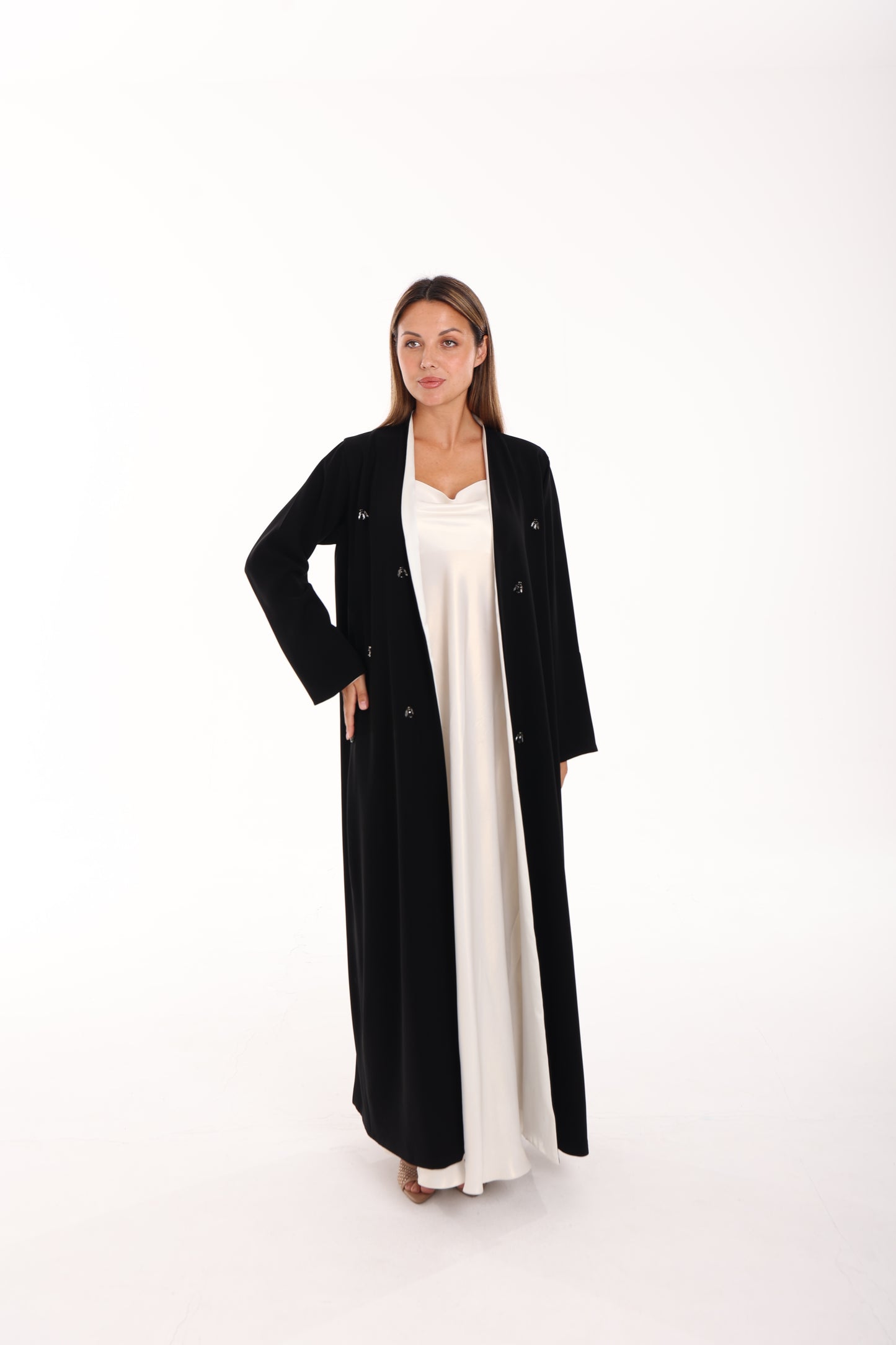 Black Crepe Abaya with Hand Embroidery & Pearl Satin Lining