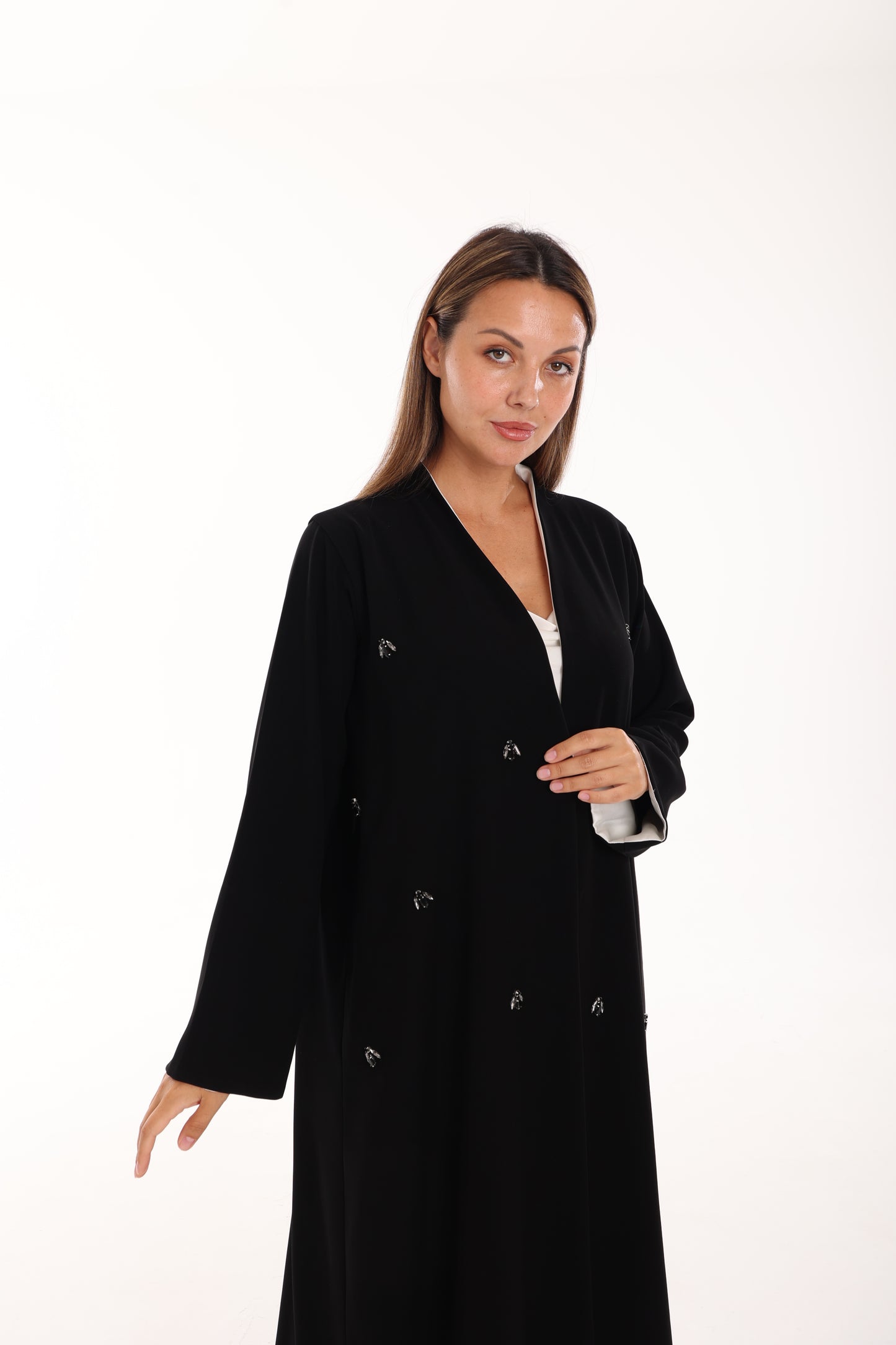 Black Crepe Abaya with Hand Embroidery & Pearl Satin Lining