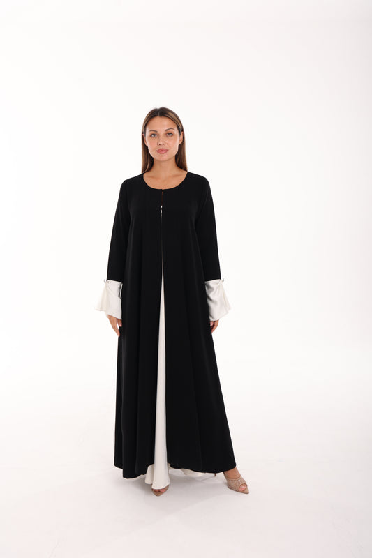 Classic Black Crepe Abaya with White Satin Cuffs
