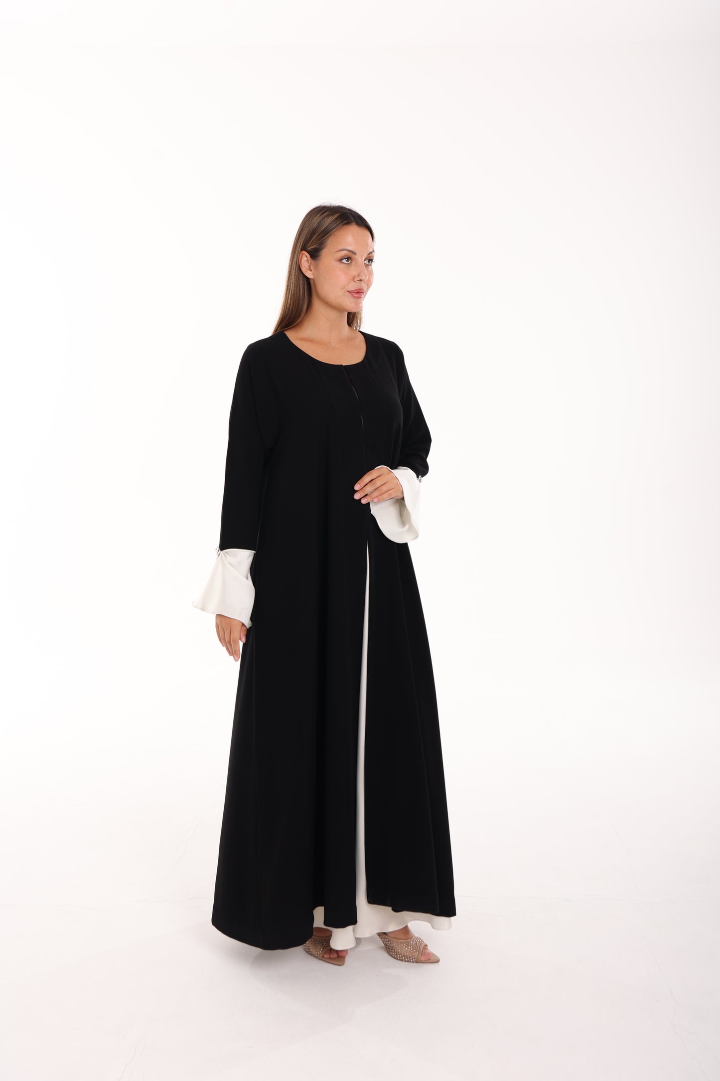 Classic Black Crepe Abaya with White Satin Cuffs