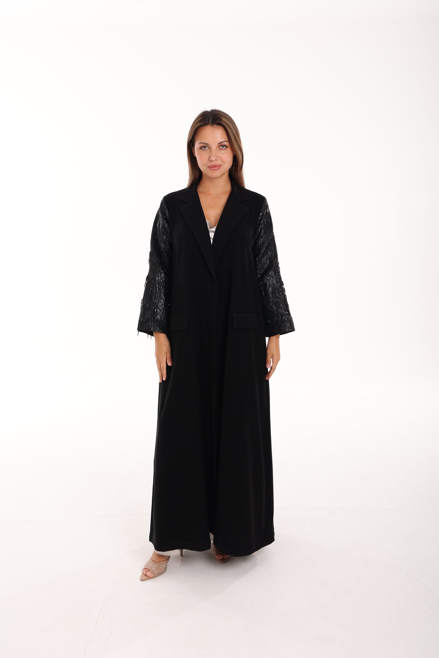 Black Crepe Abaya with Hand-Embroidered Brocade Sleeves