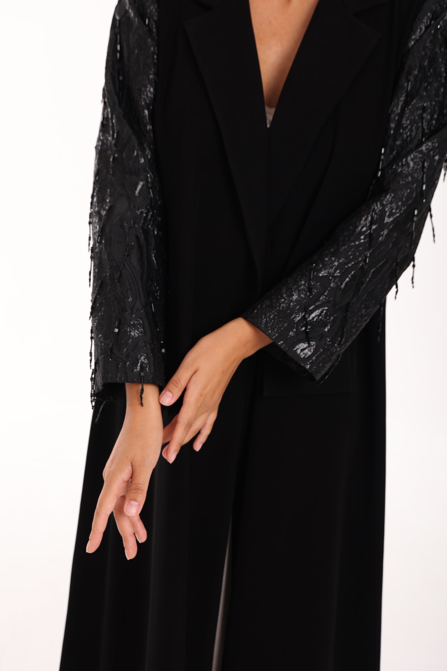 Black Crepe Abaya with Hand-Embroidered Brocade Sleeves