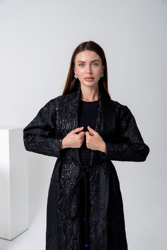 Black Brocade Abaya with Handcrafted Moroccan Belt